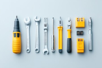 Poster - abstract composition of neatly arranged electrical tools and components on white surface