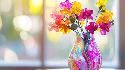 Poster - Beautiful marbled glass vase filled with fresh flowers in vibrant colors creating a cheerful and inviting atmosphere