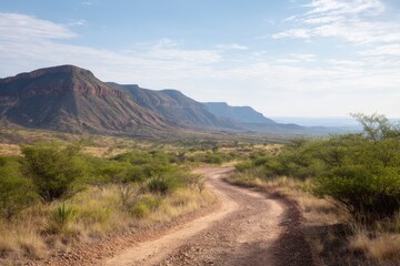 Poster - empty dirt trail winds through vast national park surrounded by sparse green foliage under pale blue sky