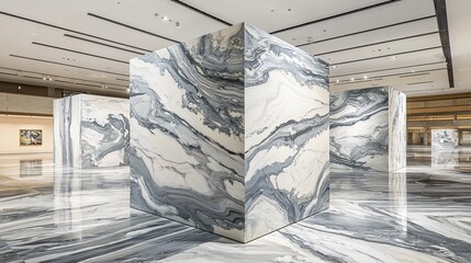 Poster - Elegant display of a large marble block on a polished marble floor showcasing luxurious art and sophistication in interior design