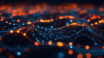 Poster - Abstract connectivity in data Flow description with network connected various lines and glowing effects, Technology abstract curve background with dot connected lines and waves designs.