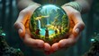 © Sanjula - Crystal ball world fantasy landscape hands holding miniature scene magical realm illustration art design