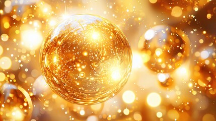 Poster - A shiny gold sphere captivating viewers with abstract light orbs creating an enchanting atmosphere in a mesmerizing visual display
