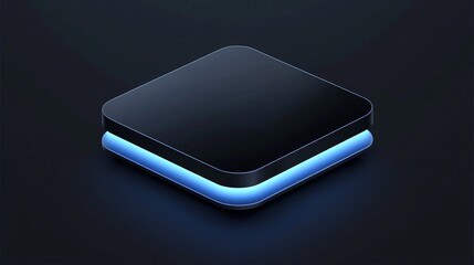 Poster - A black square button emitting a blue glow in a minimalist abstract style on a dark background creating a striking visual icon of simplicity