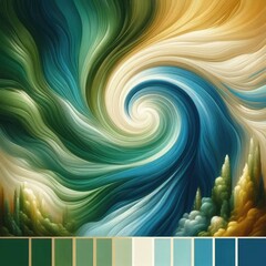 Poster - An abstract swirl or gradient of lush greens and calming blues blending seamlessly together, with subtle hints of gold and white radiating outwards like gentle energy waves