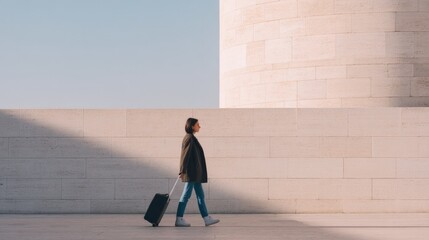 Poster - intricately simple composition of traveler with suitcase beside european landmark