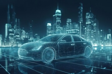 Aufkleber - 青い光の未来都市と未来的な車のデジタルイラスト 輝く光の線が特徴的なデザイン
