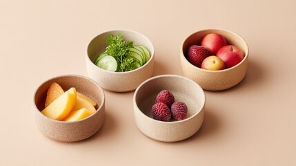 Poster - minimalistic composition featuring variety of side dishes artfully arranged on simple neutral-toned plates