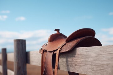 Poster - minimalistic image of cowboy saddle with metal spurs resting on wooden fence