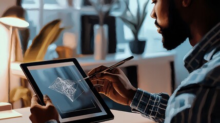 Poster - Engaged professional in glasses interacting with a tablet to review a 3d model in a modern workspace with a focused and analytical mindset