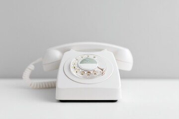 Poster - retro rotary phone on white table with copy space minimalistic design emphasizes nostalgia and simpl