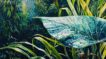 Poster - A stunning painting of a leaf with water droplets glistening in morning light creating a beautiful and delicate natural scene