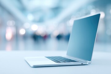 Poster - blogger sits at sleek desk with blurred figures in background creating dynamic yet focused scene