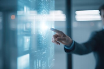 Aufkleber - business professional engages with holographic ai interface displaying abstract data symbols and futuristic patterns