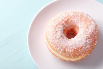 Poster - lone glazed donut rests on white plate positioned on pastel-colored surface