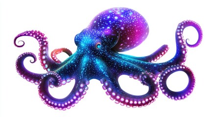 Poster - Futuristic bioluminescent octopus with delicate glowing blue and purple hues, isolated on a bright white backdrop.