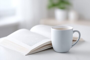 Poster - minimalist desk setup with open book and coffee mug emphasizing clean uncluttered space