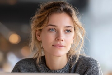 Poster - woman working on laptop at cafe table with large letting in natural light