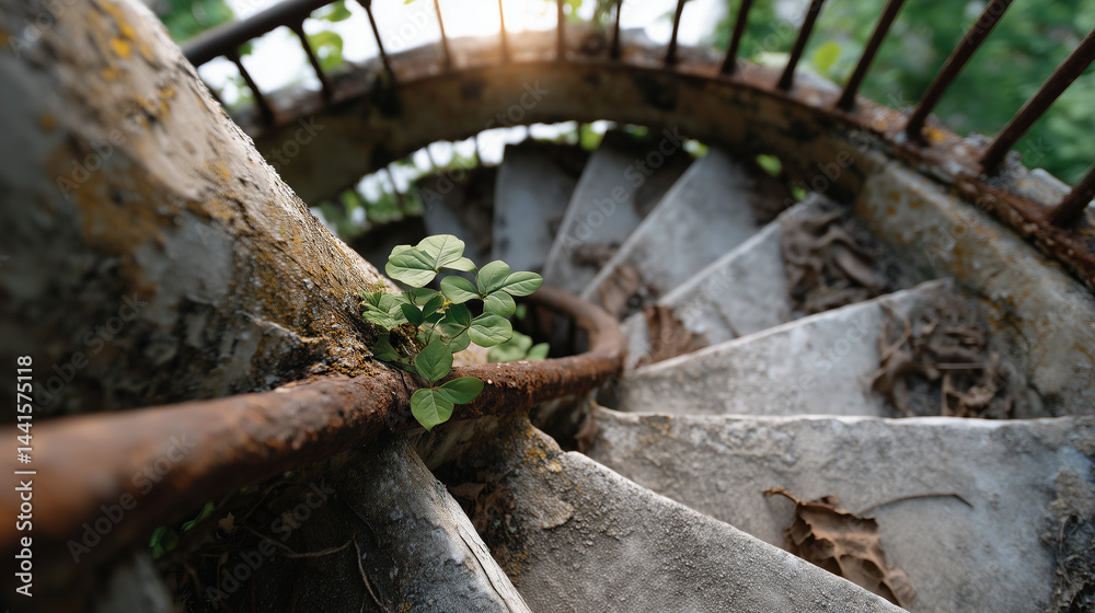 Rusty Spiral Staircase with Plant: A weathered spiral staircase, its ...