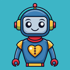 Poster - A colorful cartoon robot featuring a heart on its chest and headphones stands cheerfully against a bright teal backdrop, exuding a friendly vibe meant to engage viewers.