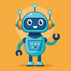 Poster - A friendly robot with large expressive eyes and colorful features greets viewers, its metallic arms raised in a welcoming gesture against a bright orange backdrop.