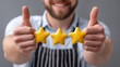 © Slowlifetrader - Yellow stars floating above a restaurant staff member smiling warmly, symbolizing service rating and customer impression.