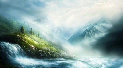 Poster - Peaceful mountain stream with gentle water flowing under a cloudy sky creating a calming mood and soft atmosphere in nature's embrace