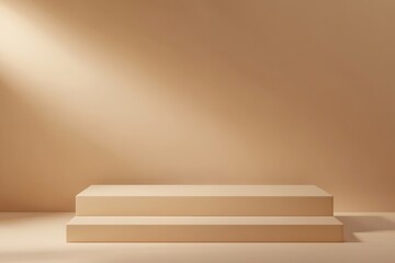 Poster - Beige platform with two steps under a soft light against a matching beige background in a studio setting