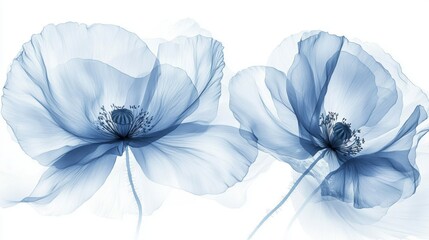 Poster - Light and airy watercolor illustration of blue poppy flowers, soft fading edges, delicate botanical artwork.
