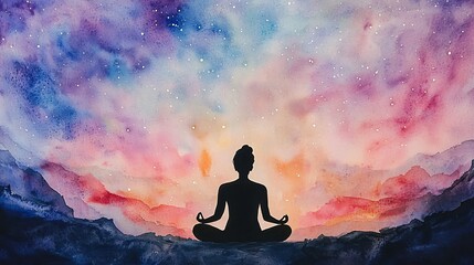 Poster - Silhouette of a person sitting in lotus position meditating in front of a colorful nebula creating a peaceful and tranquil cosmic environment