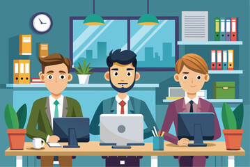 Poster - Three colleagues collaborate at a stylish office desk, each focused on their computer screens, surrounded by plants and office supplies in an inviting environment.