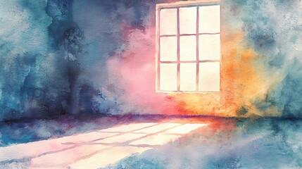 Poster - A bright window in a room allowing soft natural light to fill the space creating a calming ambiance enhanced by pastel abstract watercolor techniques