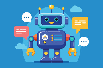 Poster - A cheerful cartoon robot stands prominently, surrounded by colorful speech bubbles, showcasing its friendly design against a vibrant blue backdrop.