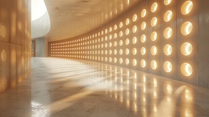 Poster - Modern Architecture Interior Featuring Illuminated Circular Wall Elements and Light Reflection