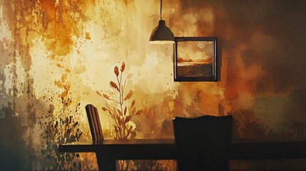 Poster - Modern chair and table ensemble in a subdued abstract style featuring earth tones that reflects natural elegance and minimalist design