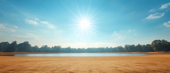serene landscape of a calm lake under a bright sun, surrounded by lush green trees on a clear day