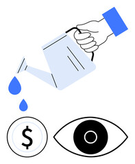 Poster - hand pouring water droplets from watering can, symbolizing growth. coin and eye emphasize financial 