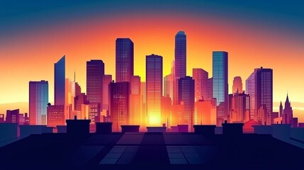 Poster - Breathtaking city skyline at sunset with glowing colors and a beautiful silhouette against the warm vibrant hues of the evening sky
