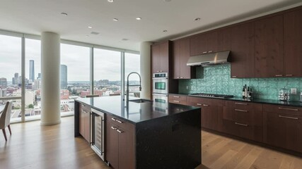 Poster - Modern kitchen interior in a contemporary house features wood cabinets, a sink by the window, and a table on the floor