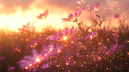 Poster - A vibrant field of flowers under a stunning sunset with whimsical abstract light shapes creating a playful and energetic atmosphere