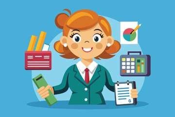 Poster - An enthusiastic office worker stands confidently while holding a folder, surrounded by office supplies, charts, and a calculator, representing productivity and organization.