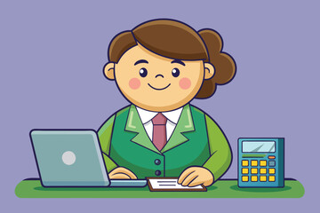Poster - A woman wearing a green blazer smiles while seated at her desk, using a laptop and calculator, with a notepad beside her, showcasing a productive work environment.