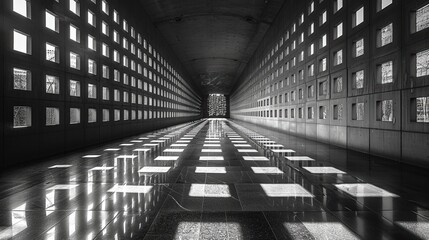 Poster - Hallway of light and shadows casting geometric patterns in monochromatic contrast