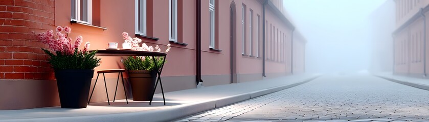 Poster - time-lapse fusion of a historic european street, shifting from early morning mist to vibrant afterno