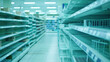 © Xinfang - Empty supermarket shelves with bare metal rack, minimalist composition showing scarcity and lack of products. Concept of supply chain issues, retail challenges and economic crisis.