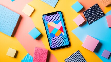 Poster - Creative smartphone displaying colorful geometric patterns modern workspace digital art vibrant environment overhead view innovation