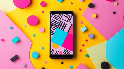 Poster - Creative smartphone displaying abstract art colorful surroundings digital photography vibrant composition top-down view modern aesthetic