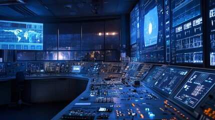 Poster - High-tech control room overview advanced operations center digital interface futuristic environment wide angle technology insights