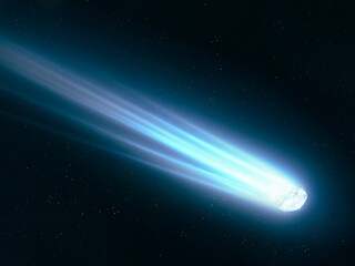 Wall Mural - glowing comet with a long tail. falling star against the background of space. dangerous comet in the