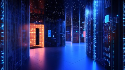 Poster - Exploring a futuristic data center virtual reality space digital art environment immersive perspective technology concept